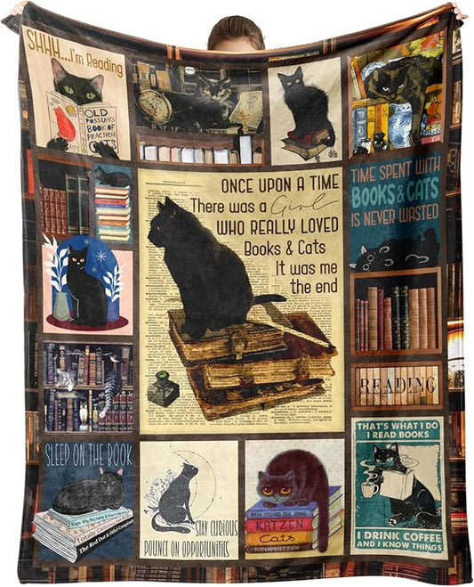 Gifts for Readers, Book Lover Gifts for Women, Black Cat Blanket for Women Cat Lover, Book Reading Lovers Blanket Throws 60"x50"