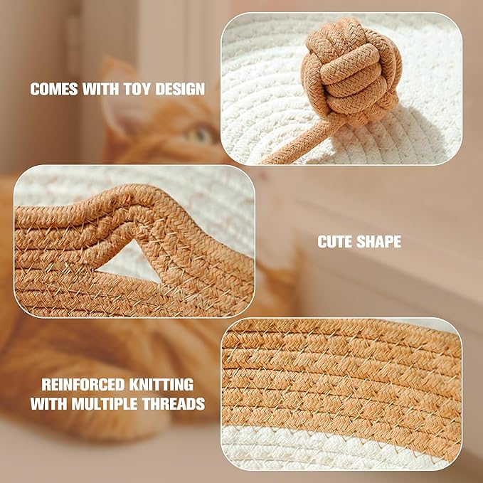 Hand Woven Cat Bed Basket Nest Round with Toy Tail, Natural Cotton Linen Cat Scratch Pad, Pet Sleeping Bed House Scratcher Scratch Mat Pad for Puppy Small Dogs Indoor Cat Summer (Medium)