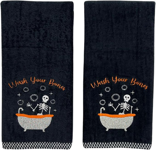 Halloween Bathroom Hand Towels, Embroidered Skeleton, Wash Your Bones Design, Set of 2, Black 16 x 25 inches
