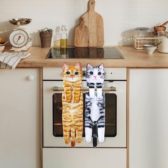 Cat Funny Hand Towels for Bathroom Kitchen- Cute Decorative Kitten Decor Hanging Face Towels- Unique Housewarming Valentines Mothers Birthday Gifts for Women Mom Cat Lovers