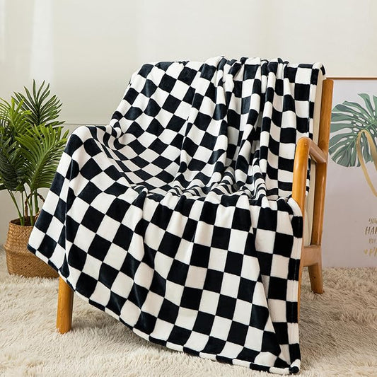 Checkered Blanket | Ultra Soft Warm Fleece Blanket Checkerboard Grid Plush Blanket for Couch Bed Sofa | Birthday Valentine's Day 40"x60" Black White