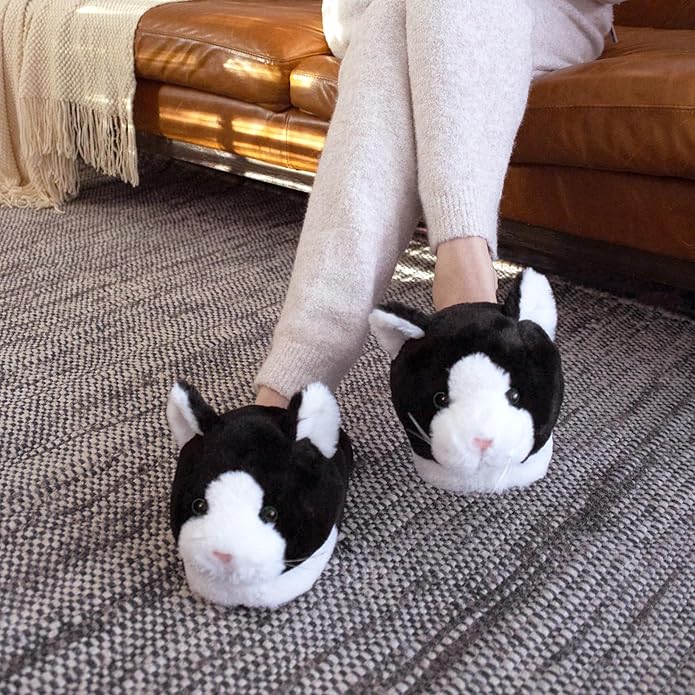 Black and White Kitty Slippers for Women and Men - Fuzzy Plush Tuxedo Cat Slippers for Adults