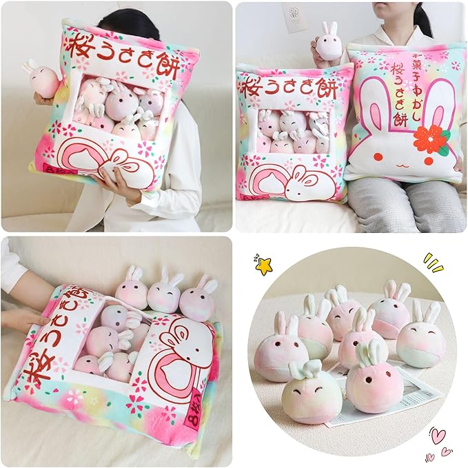 Cute Bunny Plush Pillow with Plushies, Stuffed Bunny Gift for Kids, Kawaii Rabbit Pudding Toy for Christmas (Colorful)