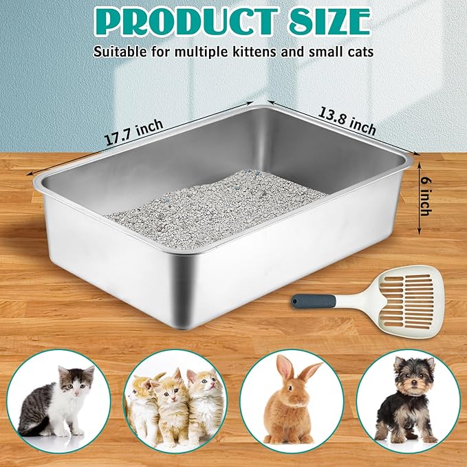 BNOSDM Stainless Steel Litter Box Medium Metal Cat Litter Boxes Odor Control Non Stick Pet Toilet Pan with Non-Slip Feet Mats and Litter Scoop for Cats Kittens Rabbits (17.7x13.8x6 Inches)