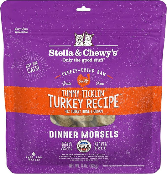 Stella & Chewy's Freeze-Dried Raw Cat Dinner Morsels – Grain Free, Protein Rich Cat & Kitten Food – Tummy Ticklin’ Turkey Recipe – 8 oz Bag