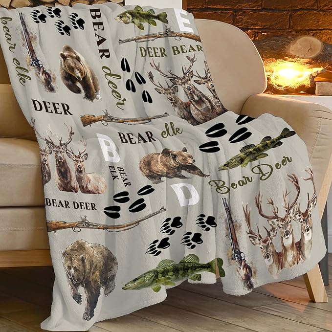 Hunting Deer Throw Blanket Bear Elk Blanket Gifts for Kids Girls Boys Adults Women Men Soft Cozy Warm Plush Fluffy Fuzzy Fleece Blanket Home Decor 40''X50''