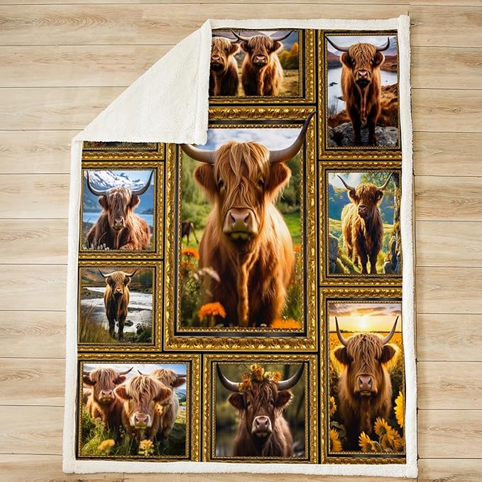 Feelyou Kids Highland Cow Fleece Throw Blanket Twin 60"x80" Highland Cattle Plaid Sherpa Blanket for Bed Sofa Couch Western Farmhouse Themed Plush Blanket Women Men Fuzzy Blanket
