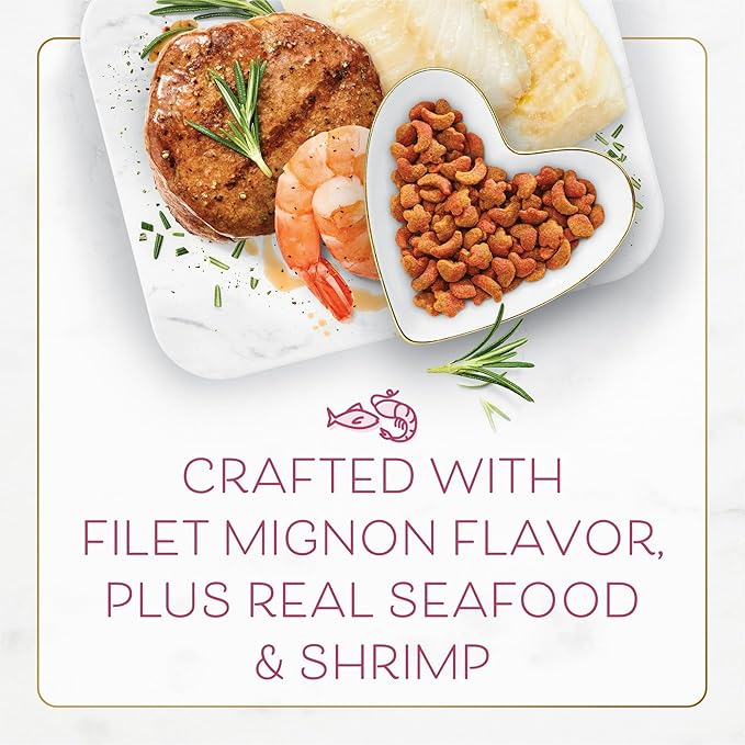 Dry Cat Food Filet Mignon Flavor with Seafood and Shrimp, Lightly Cooked and Basted to A Delicious, Delicately Crunchy Finish