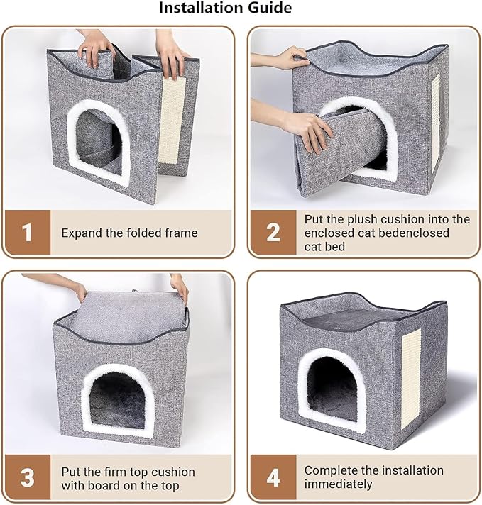 Cat House for Indoor Cat with Scratching Post, Cat Beds for Indoor Cats, Covered Cat Cave Beds & Furniture, Foldable Cat Hideaway, 16x16x15 inches, Grey