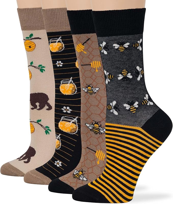 7BIGSTARS KINGDOM Womens Fun Cotton Crew Socks - 4 Pack L/M - Cactus Space Desert Coffee Fox Dog Hedgehog Puppy Flower Bird