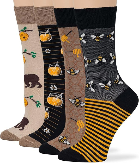 7BIGSTARS KINGDOM Womens Fun Cotton Crew Socks - 4 Pack L/M - Cactus Space Desert Coffee Fox Dog Hedgehog Puppy Flower Bird