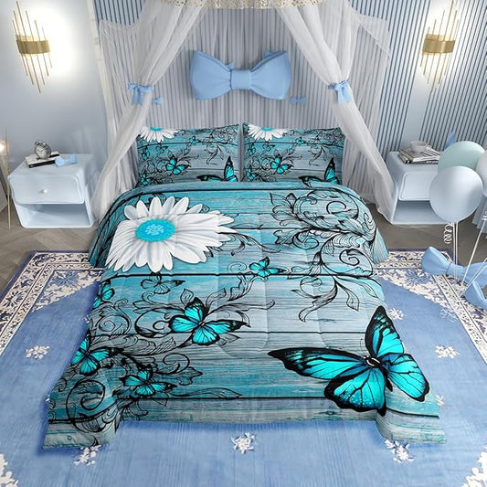 Butterfly Bedding Sets for Girls Teens Women Bedroom Rustic Flower Comforter Set,Blue Butterflies White Chic Floral Duvet Set Retro Vintage Romantic Style Quilt Set Twin Size Soft Lightweight