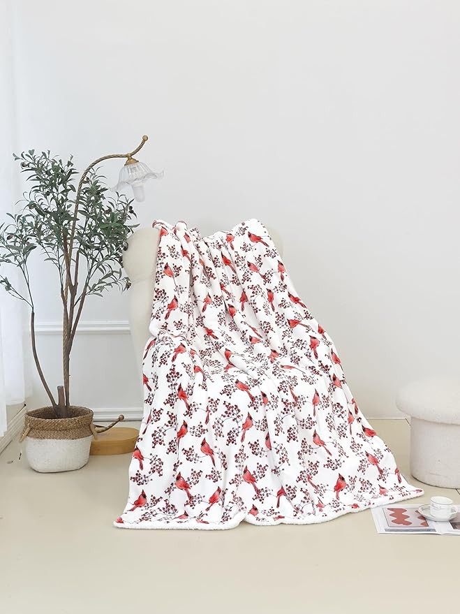 Elegant Comfort Reversible and Ultra-Plush Flannel Fleece-Winter Christmas Sherpa Throw- Lightweight Soft and Cozy-Holiday Decorative Throw, Perfect for Lounging, 50 x 60 inches, Red Cardinal
