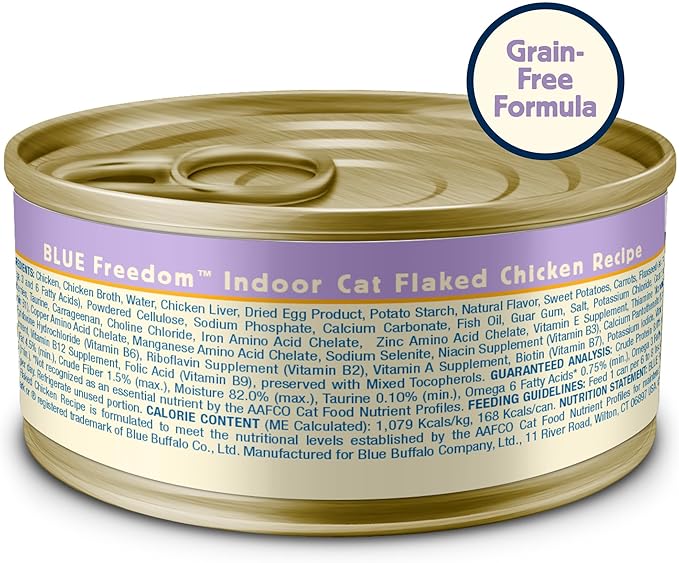 Blue Buffalo Freedom Grain-Free Adult Wet Cat Food, Complete & Balanced Nutrition for Indoor Cats, Made with Natural Ingredients, Flaked Chicken Recipe, 5.5-oz Cans,(24 Count)