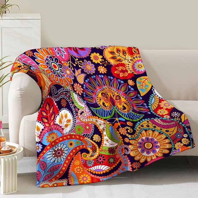 Boho Floral Blanket Gifts for Women Mom Girls Wife Birthday Christmas Valentine Present Bohemian Colorful Flower Theme Rustic Decor Bedroom Living Room Couch Sofa Kids Adult Soft Flannel Throw 60"x50"