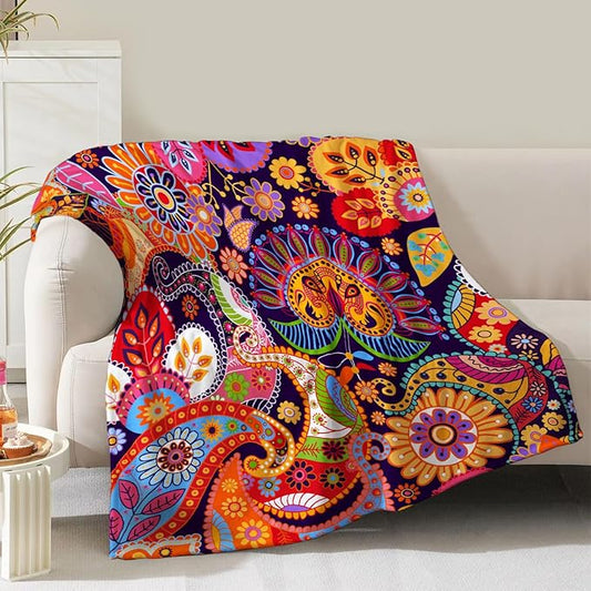 Boho Floral Blanket Gifts for Women Mom Girls Wife Birthday Christmas Valentine Present Bohemian Colorful Flower Theme Rustic Decor Bedroom Living Room Couch Sofa Kids Adult Soft Flannel Throw 60"x50"