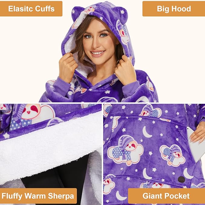 THREE POODLE Wearable Blanket Hoodie, Glow in The Dark Oversized Hoodie Blanket, Sherpa Hooded Blanket Sweatshirt for Adults Women Men Kids, Cozy Gifts