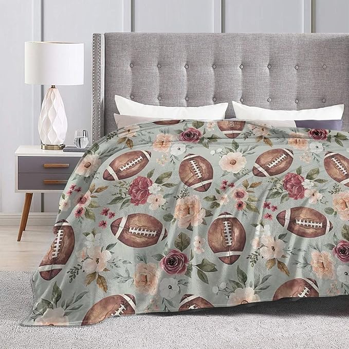 Football Blanket Football Flower Throw Blanket Football Decor Stuff Merch Cozy Print Flannel Fleece Soft Plush Fuzzy Warm Lightweight Bedding Gifts for Women Men Girls Kids Teenager 50"X40"