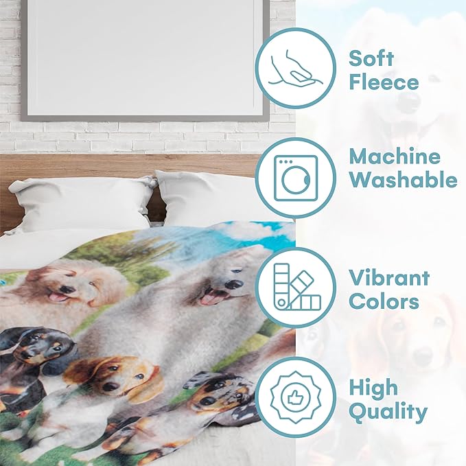 Dawhud Direct Adorable Puppy Fleece Blanket - Soft Plush, Cozy Throw for Kids and Adults, Colorful Blanket with Cute Puppies Print, Ideal for Beds, Couches, and Travel - 60 x 50 Inches