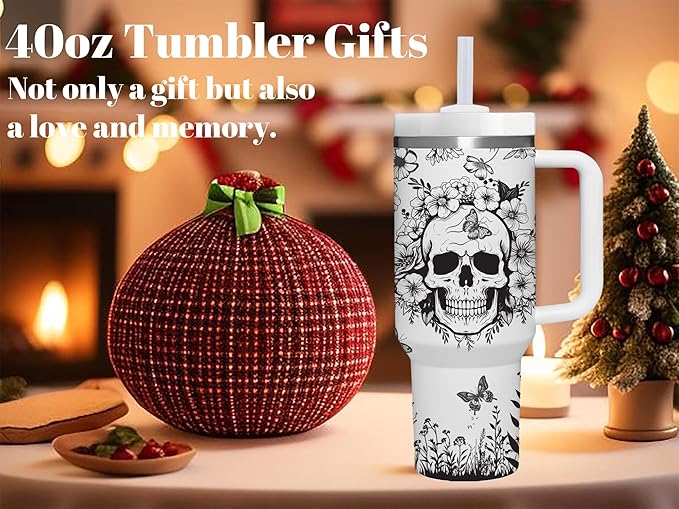 AMZUShome 40 OZ Goth Skull Tumbler with Handle.Skull Lover Tumblers Gift.Unique Birthday Christmas Halloween Goth Skull Cup Gifts.40 OZ skull Tumbler Gifts for Women.