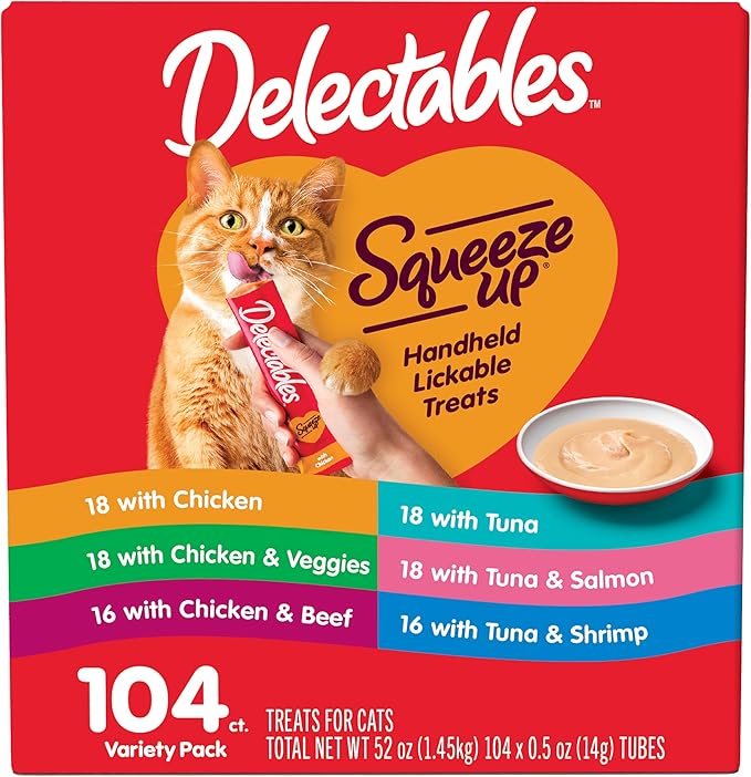 Delectables Squeeze Up Variety Pack, Creamy Squeezable Puree, Lickable Wet Cat Treats, Grain Free, No Added Fillers, No by-Products, No Added Preservatives, 0.5 Ounces Tube, 104 Tubes Total