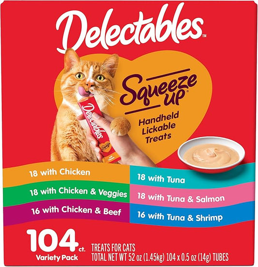 Delectables Squeeze Up Variety Pack, Creamy Squeezable Puree, Lickable Wet Cat Treats, Grain Free, No Added Fillers, No by-Products, No Added Preservatives, 0.5 Ounces Tube, 104 Tubes Total