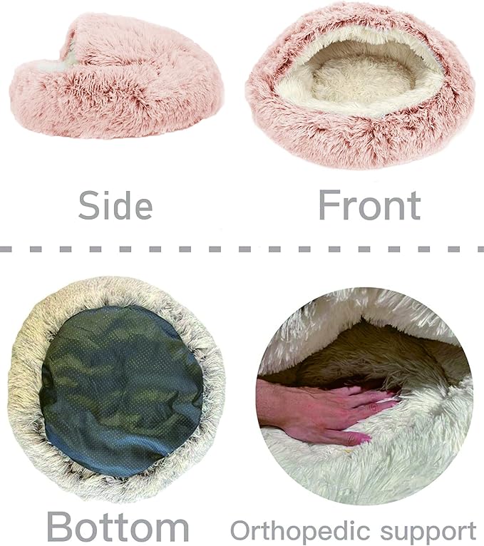 ShinHye Cat Bed Round Plush Fluffy Hooded Cat Bed Cave, Cozy for Indoor Cats or Small Dog beds, Soothing Pet Beds Doughnut Calm Anti-nxiety Dog Bed - Waterproof Bottom Washable, (23×23inch, Pink)