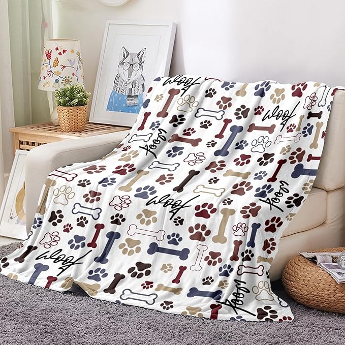Tupmnbry Dog Throw Blanket Dog Paw Bones Print Blanket Super Soft Flannel Fleece Blanket Lightweight Fluffy Plush Bed Blankets for Bedding Sofa and Travel 50"X60"