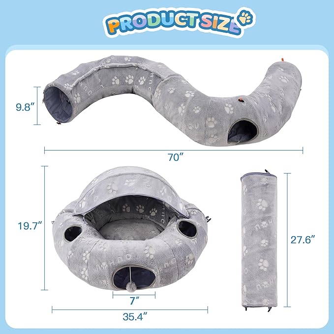 Cat Tunnel Bed with Plush Cover, Cat Tunnels for Indoor Cats, Cat Donut Tunnel with 4 Fluffy Toy Balls, Self-Luminous Cat Tube, Peekaboo Cat Cave for Kittens, Rabbits and Large Pets