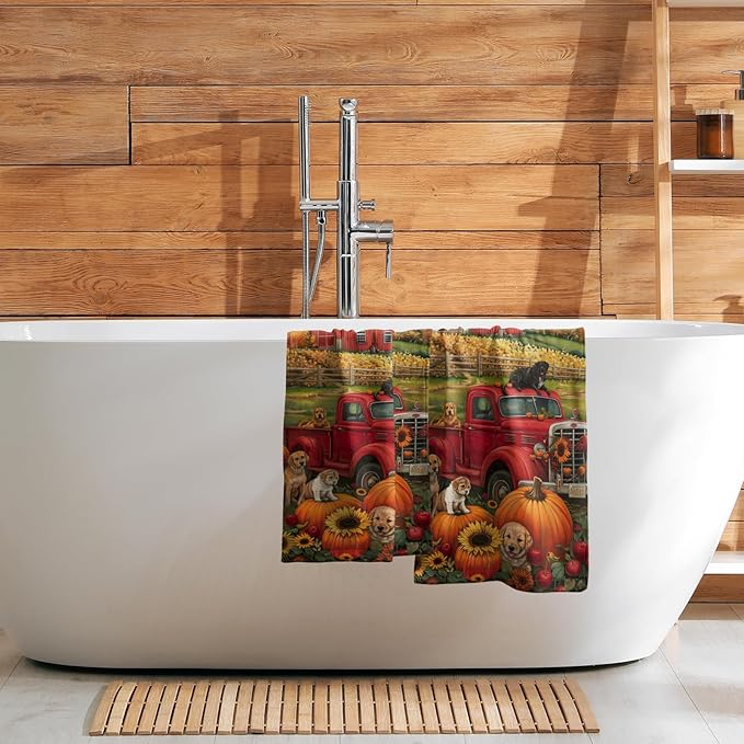 Giwawa Fall Farm Dogs Hand Towels Set of 2 Red Truck Decorative Dish Towel Soft Absorbent Seasonal Bath Towels for Bathroom Kitchen Spa Yoga