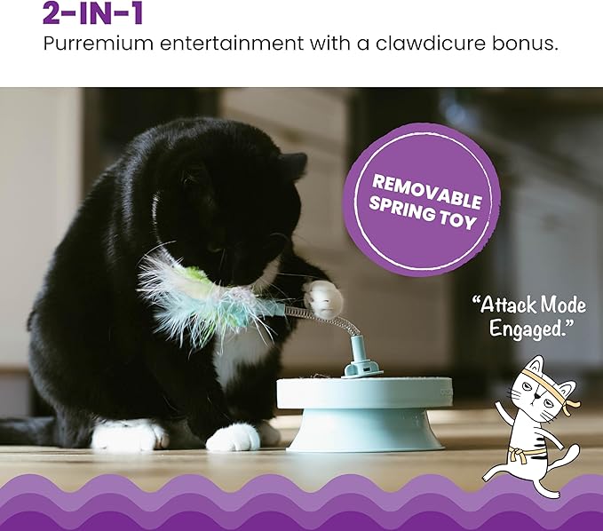 Catstages 2-in-1 Spring Toy Interactive Cat Toy and Topper for Cat Ball Track with Removable Feather Spring Toy and Corrugated Cat Scratcher, Blue