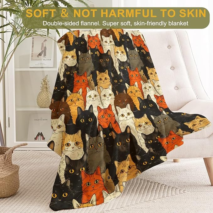 Cat Theme Blanket Plush Flannel Throw Blanket - Ultra Soft & Warm, Comfy & Lightweight - Perfect for Couch, Travel, Bedroom, Bed, Living Room - Cozy, Fuzzy Gift 80in×60in