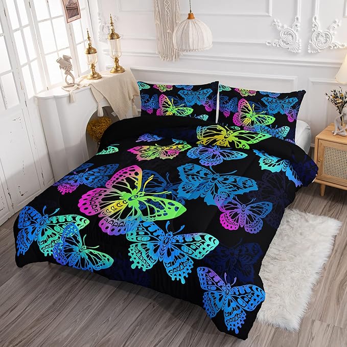 Axolotl Colorful Butterflies Bedding Set,Queen Size Kids Bed Set,Gradient Butterfly Comforter Set,1 Quilt with 2 Pillowcases for Boys Girls Kids Teens Children Adults Room Decor All Season,Black