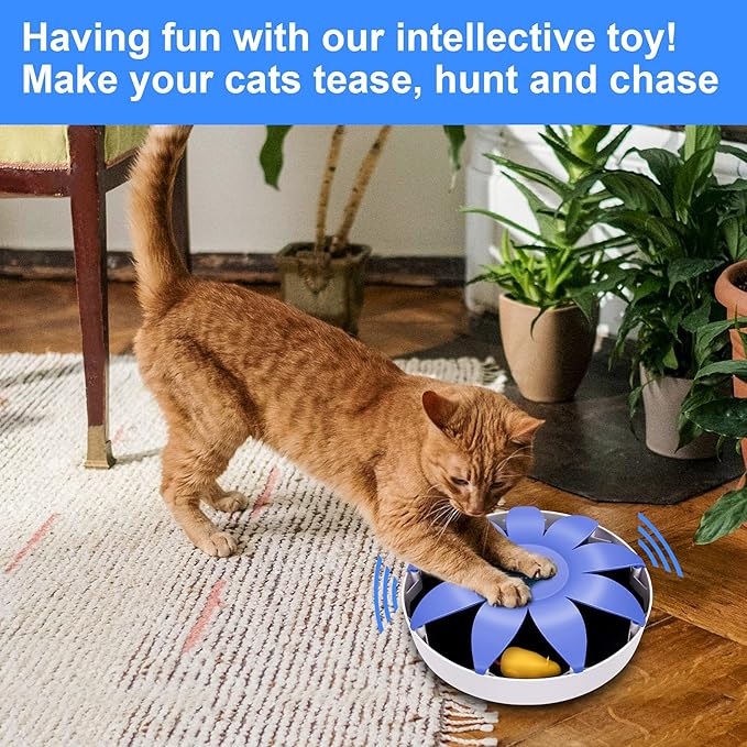 FluffyDream Automatic Electric Magnetic Spinning Cat Toys, Interactive, Rotation Cat Exercise Teaser Toy with Emulational Mouse, Fluffy Tails, Toys for Indoor Cats, Pets, 9.65” x 9.65” x 2.36”, Blue