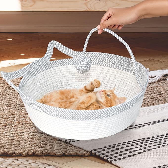 Cotton Rope Woven Cat Bed Basket, Hand Woven Cat Bed with Toy Tail, Small Dogs Sofa Bed, Pet Sleeping Bed Basket for Indoor Cats, Puppies, Rabbits (Large, Gray & White)
