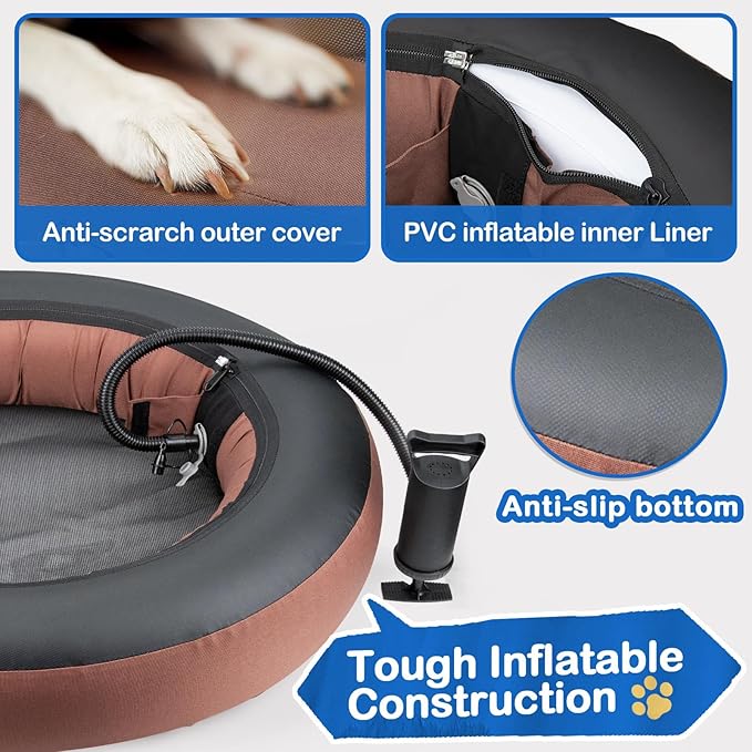 Elevated Dog Bed,Inflatable Dog Bed Raised,Pet Cushion Sofa for Medium Dogs,Portable Dog Cot Doughnut Round Stand,Waterproof Dog Bed Frame for Indoor,Outdoor(Coffee)
