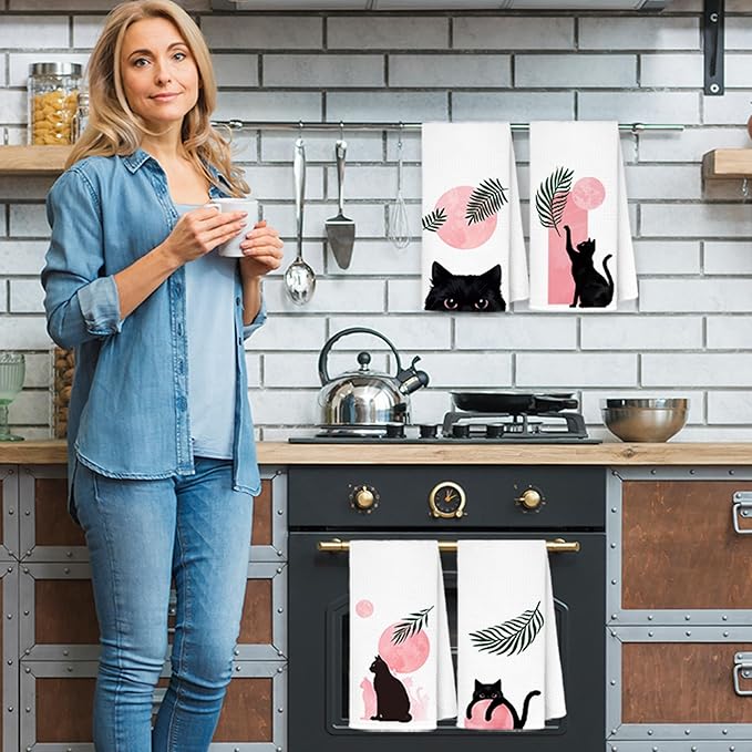 Boho Black Cat Kitchen Towels Set of 4, Pink and Black Cat Hand Towels for Bathroom, Boho Botanical Cat Dish Towels, Black and Pink Bathroom Decor, Cat Kitchen Decor, 16x24 Inch
