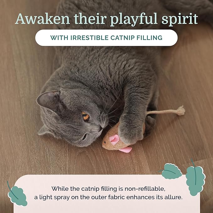 Hepper Catnip Mice Toy Set - Hessian: Premium Catnip-Infused Mice Cat Toys for Endless Play, Multi-Textured Hessian Fabric Ideal for Quiet Self-Play - 2 pcs Pet Toys for Cats for Kicking & Tossing