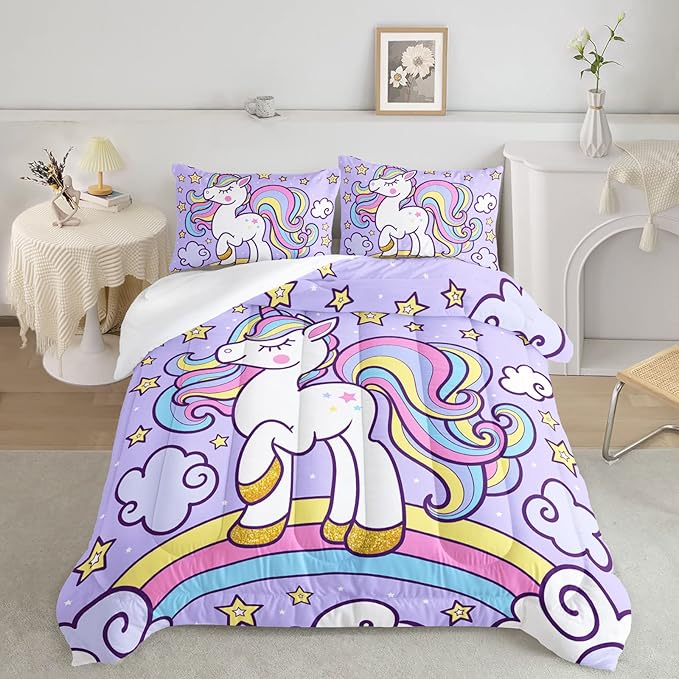 Axolotl Rainbow Unicorn Bedding Set Queen,Purple Unicorn Kids Comforter Sets with Stars Cloud for Girls,1 Quilt with 2 Pillowcases for Girls Kids Teens Children Adults Bedroom Decor All Season