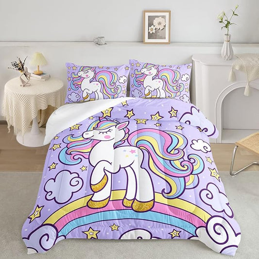 Axolotl Rainbow Unicorn Bedding Set Queen,Purple Unicorn Kids Comforter Sets with Stars Cloud for Girls,1 Quilt with 2 Pillowcases for Girls Kids Teens Children Adults Bedroom Decor All Season