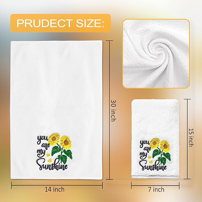 Sunflower Hand Towels - Set of 2, Embroidered 'You Are My Sunshine' Pattern, 100% Cotton Soft Towels for Kitchen & Bath, 14x30 Inches