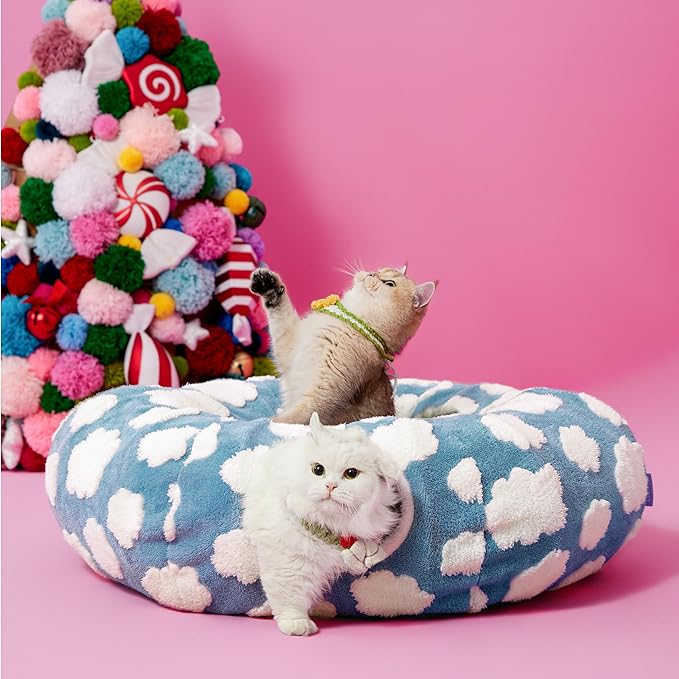 Lesure Cat Tunnel Bed for Indoor Cats - Cute Cat Donut Tunnel with Washable Circle Cushion, Round Pet Play Tunnel Toy for Kitten/Puppy/Rabbit,Blue