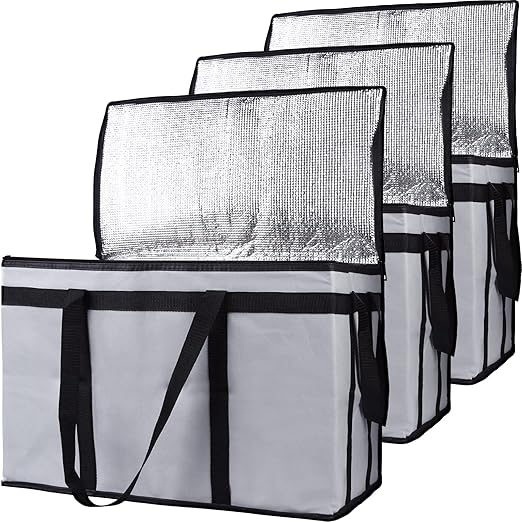 Bodaon 3-Pack Insulated Food Delivery Bag for Hot and Cold Meal, XXX-Large Grocery Tote Insulation Bag for Catering, Large Pizza Warmer, Cooler/Thermal Bags, Grey