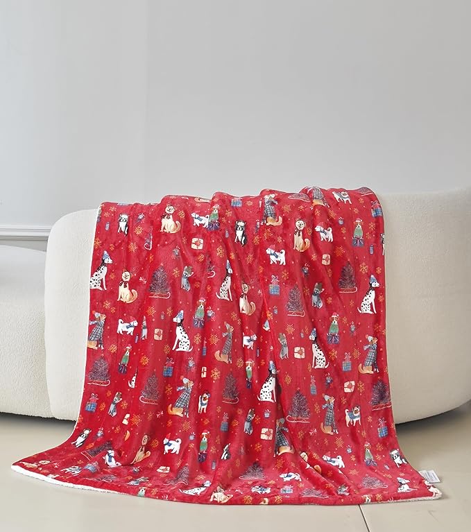 Elegant Comfort Reversible and Ultra-Plush Flannel Fleece-Winter Christmas Sherpa Throw- Lightweight Soft and Cozy-Holiday Decorative Throw, Perfect for Lounging, 50 x 60 inches, Winter Dogs