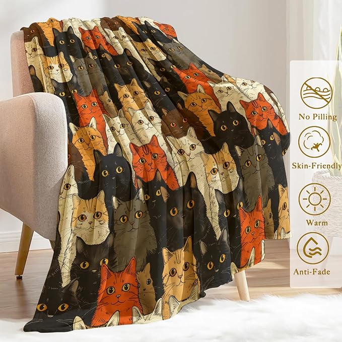 Cat Theme Blanket Plush Flannel Throw Blanket - Ultra Soft & Warm, Comfy & Lightweight - Perfect for Couch, Travel, Bedroom, Bed, Living Room - Cozy, Fuzzy Gift 50in×60in