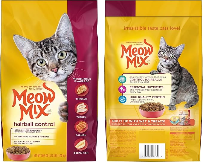 Dry Cat Food Mix Hairball Control Bundle (3.15 LB) and cat Treats Hairball Control Chicken(4.9 Oz) Bundle, Includes kit with 03 mouses Toy and a Pet Nutrition Booklet.