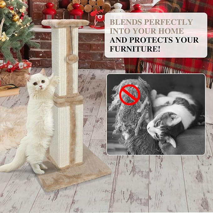 Topmart 31" Tall Cat Scratching Post for Indoor Cats Kittens, Sisal Scratching Post with Hanging Ball, Beige