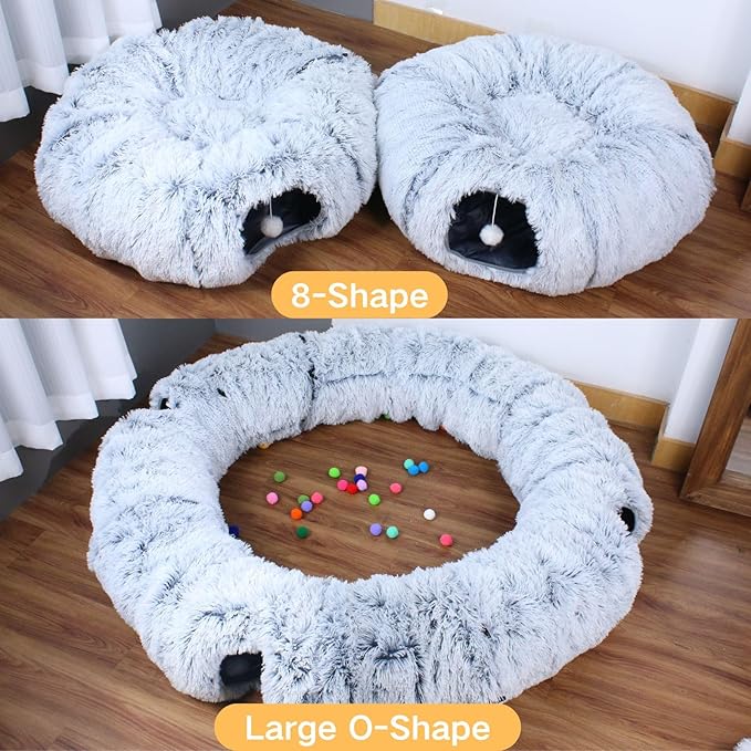 Cat Tunnel Bed Under Christmas Tree, Cat Tunnels for Indoor Cats, Collapsible Cat Donut Tunnel Cave for Medium & Large Cat, Ring Round Circular Cat Tunnel, Multiple Shape Combinations(O-S-X), Gray