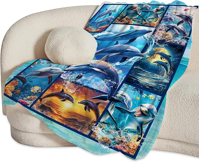 Dolphin Blanket Ultra Soft Cozy Dolphin Throw Blanket Fleece Fuzzy Plush Bedding Marine Life Lovers Gifts for Women Girls Kids Adults Couch Sofa 50"x40"