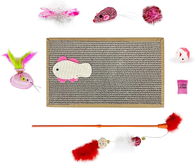 Cat Toys Kitten Toys Set, Cat Scratching pad with Catnip,Cat Wand Toy,Interactive Kitty Toys Cat Feather Toy Catnip Toy Fluffy Mouse Crinkle Balls for Cat Kitty Kitten (Pink)…
